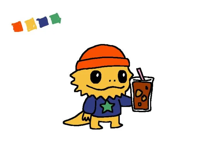 Orange-hatted character holding an iced drink